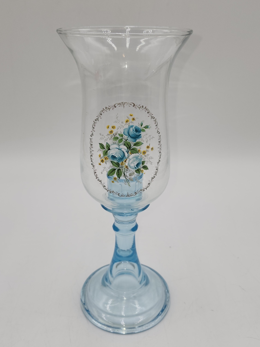 Vtg Libbey Blue Glass Hurricane Candle Holder Pfaltzgraff Tea Rose Cottage